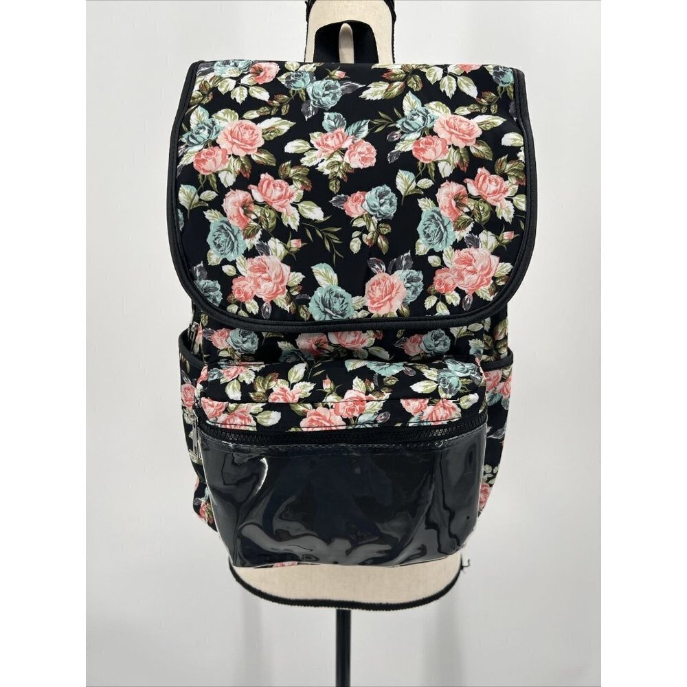 No Boundaries Nylon Flap Backpack Clear Vinyl Pocket Black Floral NWT 16" deep